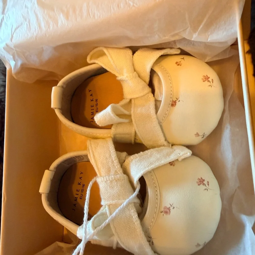 NWT Jamie Kay Ivory Baby Shoes with Pink Floral Design - Picture 3 of 5